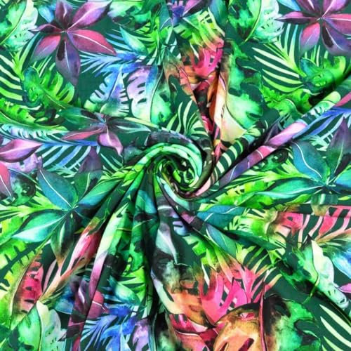 TEXTREND Meterware Jersey - Stoff zum Nähen - 100% Baumwolle - Textilien 1x1.6m - Einfarbiger Stoff (Farbiger Dschungel auf dunkelgrünem Hintergrund)