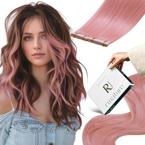 RUNATURE Tape in Extensions Echthaar Echthaar Rosa Extensions Tape Menschliches Haar 35cm Bunt Haarverlängerung Echthaar 10Stück Invisible Tape Extensions Echthaar 20g #Pink