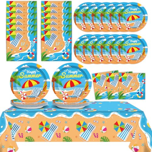 Summer Party Supplies Serves 24 Beach Luau Party Paper Plates Napkins Hawaiian Tablecloth Set Tableware Kit for Pool Party Birthday Tropical Dinner