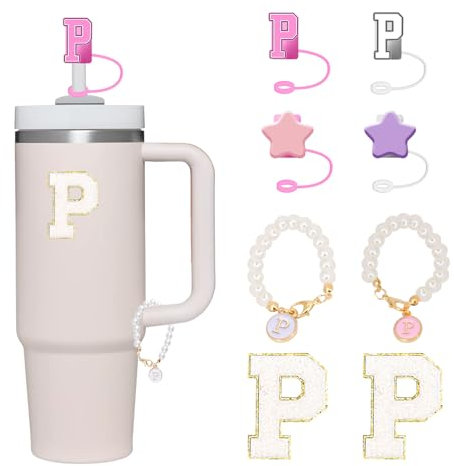 Letter Stanley Straw Cover 2Pcs Dustproof 10mm Straw Cover for Stanley Cup Accessories Include 2pcs Personalized Name ID A-Z Pearl Hangings Letter Stickers(P)