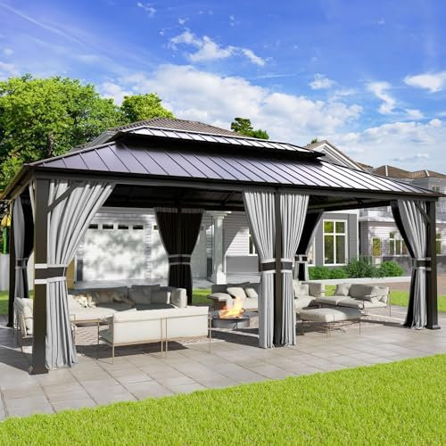 UDPATIO 3.65 x 6 m Gartenpavillon Wasserdicht Stabil Winterfest Hardtop Pavillon, Verzinkter Stahl Doppeldach Aluminium Pavillon mit Moskitonetz und Vorhänge für Garten, Terrasse, Rasen, Grau