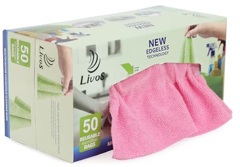 LIVOS Mikrofaser-Reinigungstücher in Box, wiederverwendbare Reinigungstücher, 29,2 x 29,2 cm, kantenlose Mikrofasertücher, fusselfrei, saugfähige Ladentücher für Küche, Auto, Glas, Rosa, 50 Stück