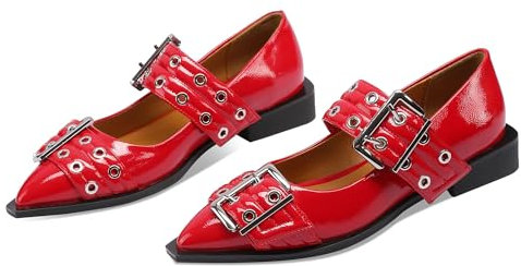 Ballerina Flats for Women Pointed Toe Flats with Studs Buckle Ballet Flats Comfortable Low Heeled Flats, Red, 8 UK