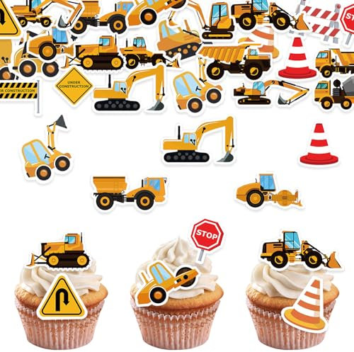 DazzJoy 64 Stück Tortendeko - Essbar Kuchendeko für Geburtstag, Junge, Traktor, Baustelle, Muffin Deko, Bagger