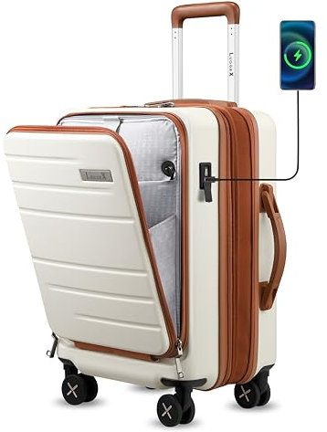 LUGGEX Handgepäck Koffer Hartschale aus PC mit Laptopfach - Erweiterbar Reisekoffer Trolley mit USB-Anschluss, 4 Doppel-Spinner Rollen, TSA, 55 cm, Beige