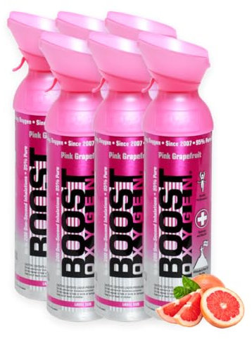 Boost Oxygen - Botella de Oxígeno Portátil - Lata de Oxigeno 95% Puro y Natural - Concentración, Recuperación, Energía, Estado de Ánimo, Grande - 54L,6x9L (6x Envases - 900 Inhalaciones) - Pomelo Rosa