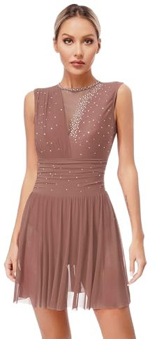 iEFiEL Damen Glitzer Eiskunstlauf Kleid Rückenfrei Tanzkleid Tanzanzug Ärmellose Trikotanzug Gymnastikanzug Tanzbody Altrosa M