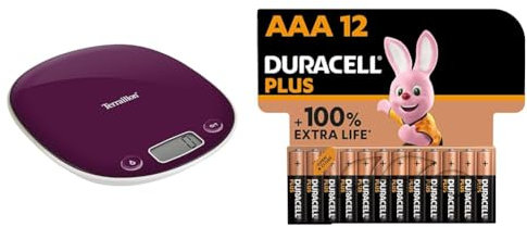 TERRAILLON Balance de Cuisine Électronique - Tare, Conversions Liquides, Poignée intégrée & Duracell Plus Piles AAA - Alcalines 1,5V - Jusqu’à 100% plus longtemps - Idéales pour les appareils