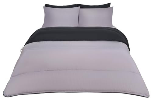 OHS Coverless Double Duvet 10.5 Tog, Reversible Quilt Double Washable Coverless Duvet Summer Winter Travel Camping Bedding Soft Comfy Bed Set with Pillowcase, Black/Grey