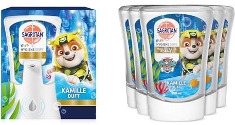 Sagrotan No-Touch Kids Hygiene Seife Automatischer Seifenspender inkl. Nachfüller Kamille – 1 x 250 ml + Kids No-Touch Nachfüller Kamille für den automatischen Seifenspender – 5 x 250 ml