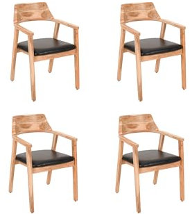 SAM 4er Set Esszimmerstuhl Angel, Akazienholz naturfarben, schwarzes Echtleder, Holzstuhl mit Armlehnen, ergonomischer Massivholz-Sessel mit Leder-Bezug, Stuhl für Küche, Esszimmer & Wohnzimmer