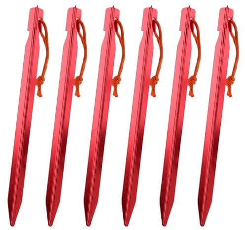 6 Pcs Tent Pegs, 18cm Aluminium Alloy Metal Lightweight Camping Tent Stakes Ground Peg Nails with Reflective Rope, Camping Pegs Heavy Duty for Garden Beach Awning Hiking Tarp (Red)