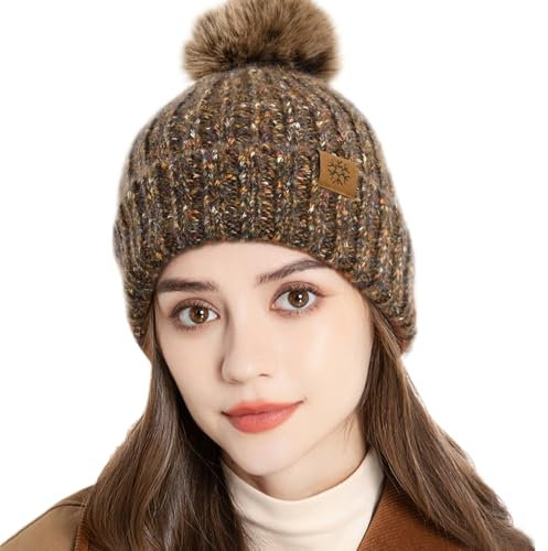 Evolyline Bommelmütze Damen Beanie Winter Strickmütze Gefüttert Fleece Wollmütze Wintermütze Pudelmütze Haube Winterhut Pom Pom Frauen Weich & Warm