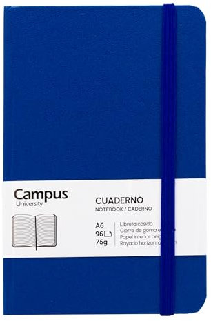 Campus Bullet Journal Notizbuch, A6, horizontal, liniert, 7 mm, gebundenes Notizbuch mit festem Einband, 96 Blatt à 75 g, elastischer Verschluss, Tasche und Lesezeichen (A6, horizontal, liniert, blau)