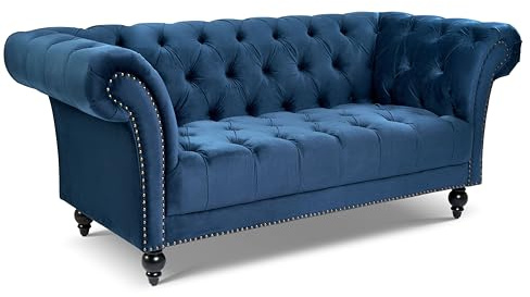 Bravich Cambridge Chesterfield Velvet 3 Seater Sofa, Blue Three Seater Settee Couch for Living Room Furniture, Button Back with Rolled Arms, Solid Wood Frame - 195 x 58 x 82cm