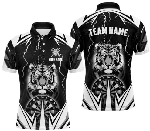 Climcat Personalisierte 3D-gedruckte Tiger-Darts-Trikots für Herren & Damen - Individuelles Donner-Blitz-Design Schwarzes Performance-Dart-Trikot T2780