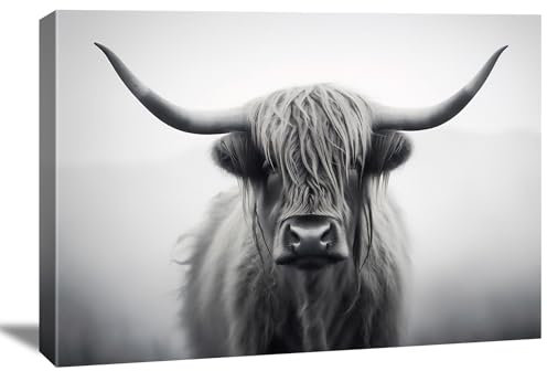 Wandbild Highland Rind 80x60 cm – Art Nr. 4063 – Schwarz-Weiß Leinwandbild – Modernes Tiermotiv – Hochwertige Wanddekoration für Wohnzimmer, Schlafzimmer & Büro – Fertig auf Holzrahmen gespannt