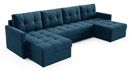 Sofello Modernes Ecke mit Schlaffunktion und Bettkasten U-Ecke modernes Ecke 301 x 140 x 86 cm - großes XXL-Ecke (blau)