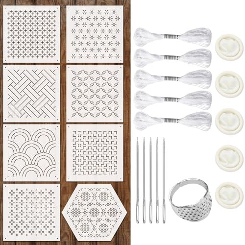 Zernblend 8 Plantillas de Bordado, 4,7 x 4,7 Pulgadas, 5 Agujas de Bordado, 5 Paquetes de Cuerdas Trenzadas, 5 Fundas de Goma para Dedo y 1 Anillo para Dedo, Acolchado a Mano, Plantillas repujadas