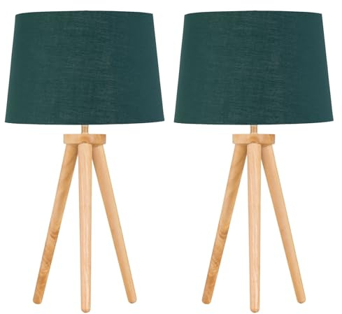 Set of 2 Modern Light Oak Table Lamp or Bedside Lights, Wood Tripod Design, Green Gold Inner Shades