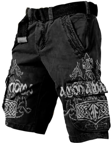 JHBTFQ Wikinger Kurze Hosen Arbeitsshorts 3D-gedruckt Walhalla Cargo-Hosen Sommer Mehrfachtaschen Herren Wandershorts,Hammer of Thor,3XL