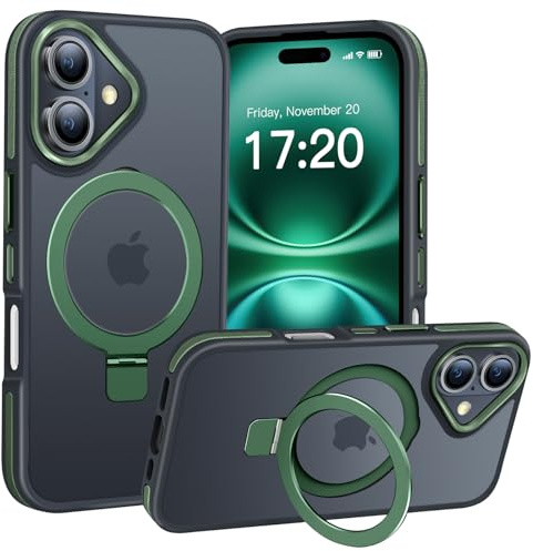 BENTIACC Magnetic Stand Case for iPhone 16, Green | Military Drop Protection, Shockproof Anti-Fingerprint Matte Phone Case with Ring, Hands-free Cover for Video Work