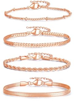 QINJIEJIE 4Pcs Silver/Rosegold/Gold Bracelets for Womens 925 Silver Bracelet Stackable Ladies Bracelets Set Gifts Adjustable Chain Bangle Layered Dainty Jewllery for Women