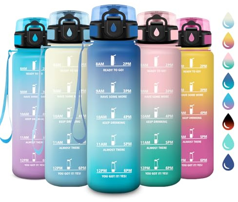 Trinkflasche Auslaufsicher 1L, Kohlensäure Geeignet, Motivierende Trinkflasche mit Zeitmarkierung, Sportflasche mit Filter, Wasserflasche Sport für Laufen, Bergsteigen, Reisen, Radtouren, Büro