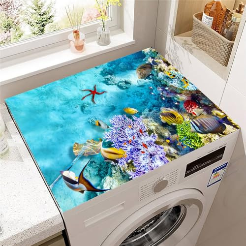 Hixingo Lavadora Estera Protectora, Cubre Lavadora, Funda Secadora Carga Superior, Protector Cubre Antideslizante para Secadoras, Cocinas, Autocaravanas, Estampado Marino (Océano azul,40 * 50cm)