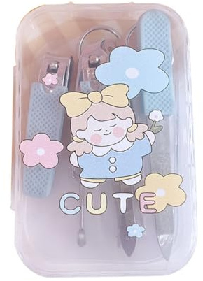 TOGEVAL Manicure Nail Clipper Set 7 Pieces Blue Girl Design Nail Grooming Pedicure Kit Home Use for Women and Teens