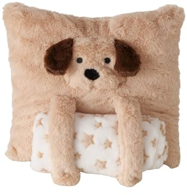 MF Noah Kuschelhund Plüsch Kissen mit Sternendecke, Beige-Braun, Weich, 32x32x17 cm, für Innenbereich, Dekoratives Hundekissen Set