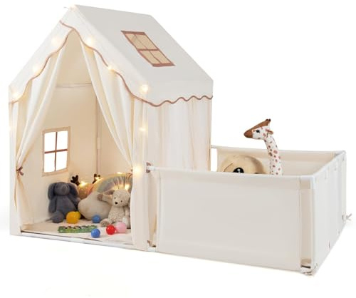 FANTASK Kinder Spielzelt mit Laufgitter, Kinderzelt Indoor mit Lichterkette, Prinzessinnen Spielhaus groß inkl. abwaschbarer Matte für Kinderzimmer (Beige)