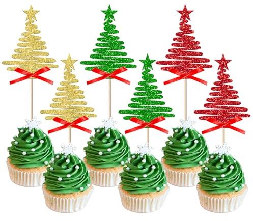 Xsstarmi 24 Pack Christmas Tree Cupcake Toppers Star Glitter with Bownot Cupcake Picks for New Year Birthday Christmas Celebration Party Cake Decorations Supplies Multi