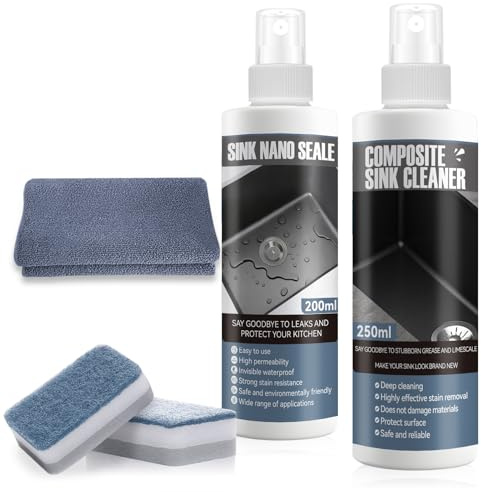 Granite Sink Cleaner 250ml, Impregnación para Fregaderos de Granito 200ml | Limpiador Encimeras Piedra Natural, con 2 Esponjas y 1 Paño de Microfibra, Limpieza y Mantenimiento de Diversos Fregaderos
