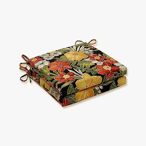 Pillow Perfect Tropic Sitzkissen mit Blumenmuster, mit Bändern, Plüschfaser-Füllung, Wetter- und lichtbeständig, quadratische Ecke, 50,8 x 50,8 cm, Schwarz/Grün, Clemens, 2 Stück