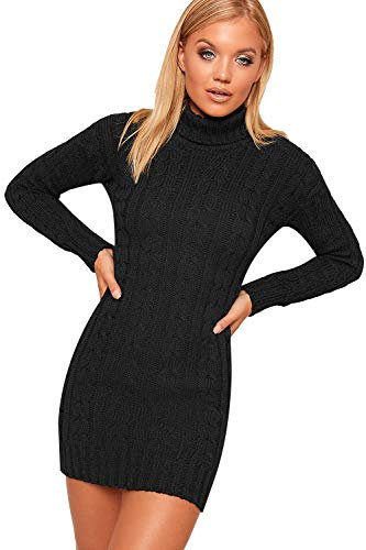 WearAll Women's Polo High Neck Long Sleeve Cable Knitted Jumper Dress Ladies Bodycon Mini - Black - 8-10