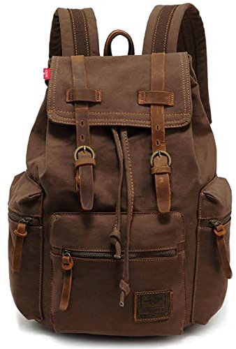 HuaChen Mochila de lona vintage, mochila de gran capacidad con cuero, compartimento para laptop de 15 pulgadas y bolsillo oculto antirrobo, Café, L, Lona vintage