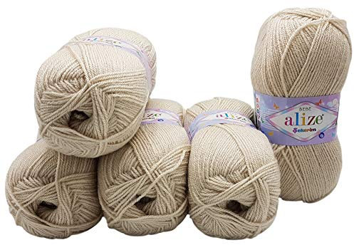 5 x 100g Strickwolle Alize Bebe einfarbig, 500 Gramm Wolle zum Stricken und Häkeln (natur 599)