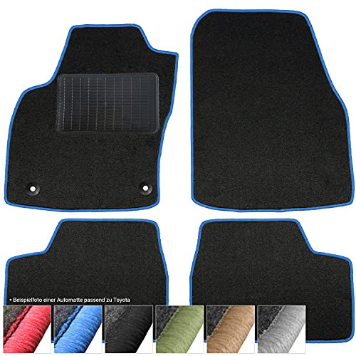 moto-MOLTICO Fußmatten Auto - Velours Autoteppiche passend für Toyota Yaris II (2005-2011) - 3-teiliges Set - Schwarze Automatten mit Blauen Ziernähten
