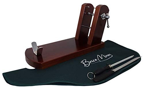 BRICOMIRAS - Jamonero Modelo Rioja de Madera de Pino Chileno | Incluye Cuchillo y Chaira | Base Antideslizante | Fabricación Española, Nogal, Cubrejamón Verde