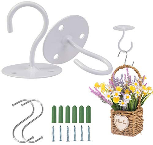 funvce Ceiling Hooks for Hanging Plants,2PCS Heavy Duty Hanging Hooks with Screws, Wall Mount Metal 2Pcs S Plant Hangers for Planters,Wind Chimes,Outdoor, White
