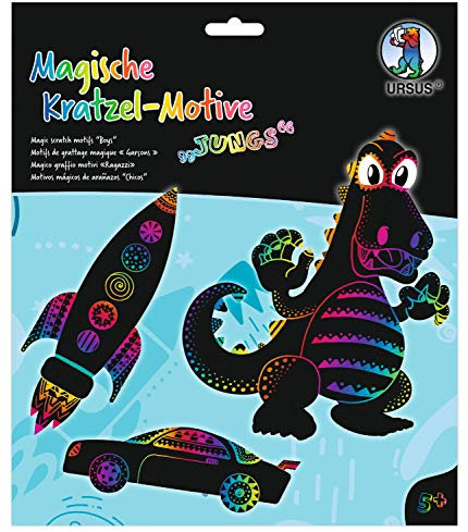 Ursus 24540002F - Magische Kratzel-Motive Jungs, schwarz, mit Regenbogen Effekt, 6 Bogen 250 g/qm, inklusive 1 Bambusstift, Stickeraugen und Kratzanleitung, ideal als Geschenk, bunt