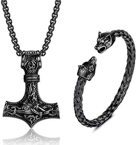 JeweBella Thors Hammer Halskette Wikinger Wolfskopf Armbänder Set für Herren Männer Mjolnir Edelstahl Halskette Armbänder Manschette Odin Anhänger Thors Halskette Wikinger Herren Schmuck