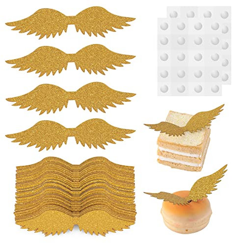 cobee Goldene Glitzerflügel Schokoladendekoration 40 Stück Gold Wings Wizard Party Schokoladendekoration Cupcake Topper Glänzende Partyzubehör-Gefälligkeiten für die Zauberer-Themenparty Hochzeit