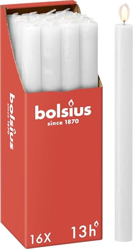 Bolsius Rustik Stabkerzen - Weiß - 16 Stück - 27 x 2.3 cm - Länge Brenndauer 13 Stunden - Unparfümierte - Enthält Natürliches Pflanzenwachs - Ohne Palmöl