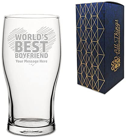 Personalised Engraved Pint Glass with World's Best Boyfriend Design, Gift Boxed, Personalise with Any Message for Valentines, Anniversaries