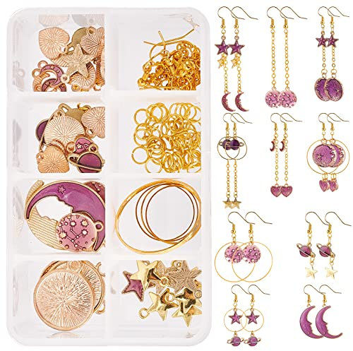SUNNYCLUE 1 boîte 136Pcs 11 Styles Bricolage Faire de Boucles D'Oreilles Étoile Lune Faisant Kit Émail Plat Rond Coeur Breloques Anneaux de Liaison Résultats de Boucle D'Oreille pour Femmes Boucle