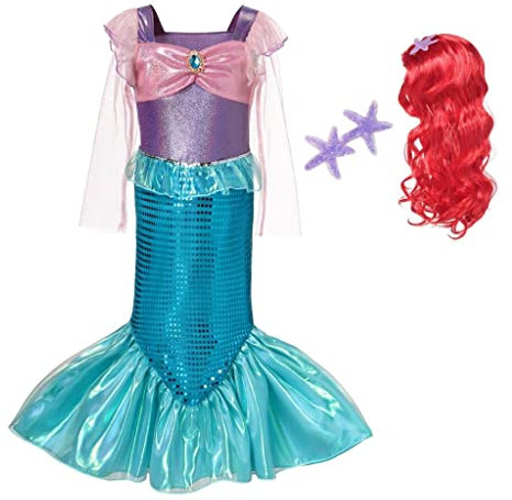 Lito Angels Prinzessin Meerjungfrau Arielle Kostüm Kleid Verkleidung mit Perücke für Kinder Mädchen Größe 7-8 Jahre 128 (Tag-Nummer 130)