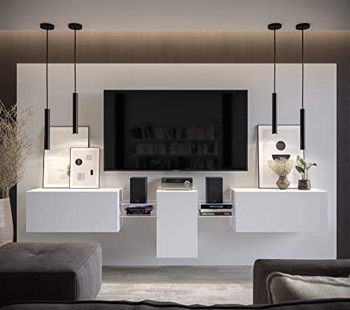 Furnitech Wohnwand Wohnzimmer | Wohnzimmer Möbel mit LED RGB - 16 Farben | Hängend Wohnwand Modern | Wohnzimmer Schrankwand mit Regale und TV Schrank (AN98-21W-M3-1C)
