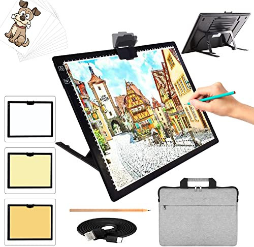 A3 Leuchttisch mit Tasche, TOHETO Kabelloses Wiederaufladbares Leuchtkasten mit Ständer und Oberem Magnetclip 3 Farben Stufenlos Dimmbar 6 Helligkeitsstufen Lichtbox für Diamantmalerei (Schwarz)